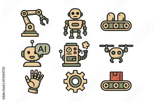 Colorful robotics and ai icons: robots, conveyor belts, and gears in modern design