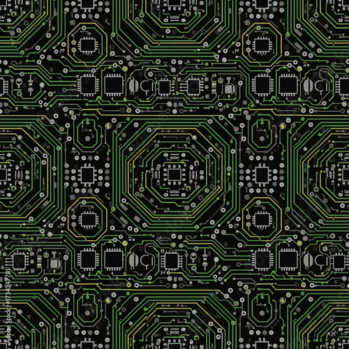 Seamless Green Circuit Board Technology Pattern Background. EPS Editable