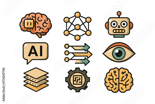 Ai technology icons: brain, robot, neural network, process arrows, layers, eye, gear