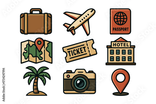 Travel icons set: luggage, airplane, passport, map, ticket, hotel, palm, camera, location pin