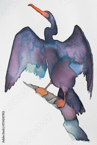 Wallpaper Mural Colorful watercolor painting of a bird Phalacrocorax perched on a branch, showcasing its graceful pose and beauty Torontodigital.ca