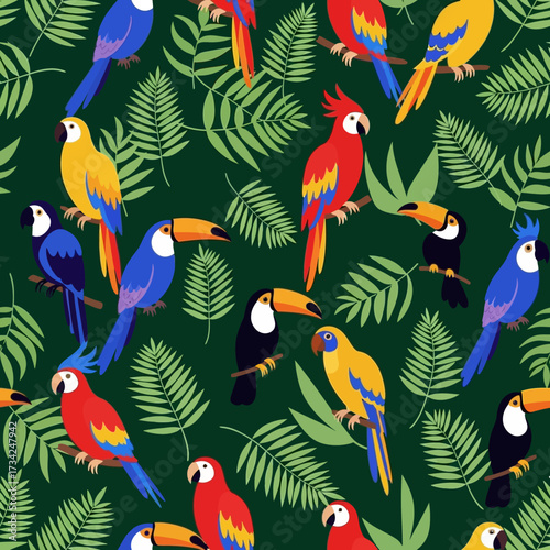 Seamless pattern of colorful tropical birds and jungle leaves. EPS Editable