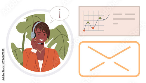 Customer service agent communicates using a headset while analyzing a graph and email notifications. Ideal for customer support, communication, email marketing, business management, analytics, remote