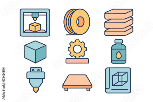 3d printing icons: technology, innovation, and design in flat style