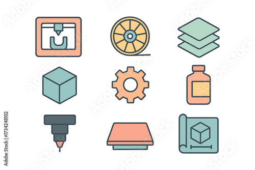Isometric icons of 3d printing technology and components set