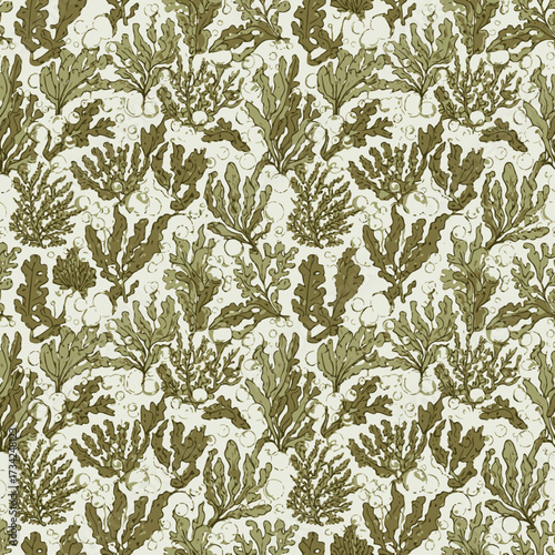 Seamless pattern with various types of seaweed and algae illustration. EPS Editable