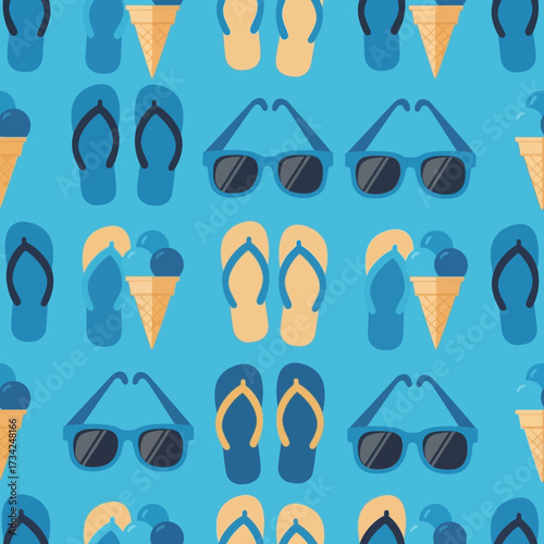 Seamless Summer Pattern with Flip Flops and Sunglasses. EPS Editable