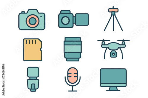 Photography and videography equipment icons in flat design