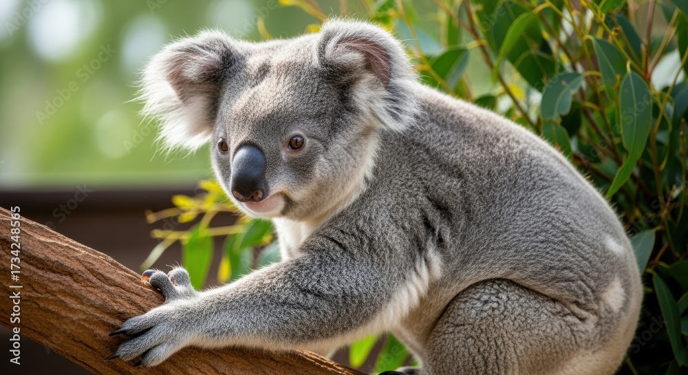 Obraz premium A close-up of a fluffy, gray koala resting peacefully on a tree branch in a lush, green environment. The koala's distinctive black nose and tranquil expression captivate the viewer.
