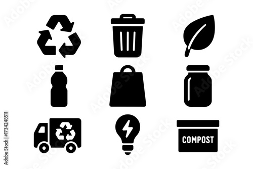 Eco-friendly icons set: recycling, waste management, compost, and sustainability symbols
