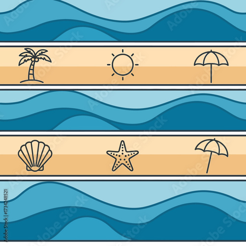Stylized summer beach pattern with ocean waves and icons. EPS Editable
