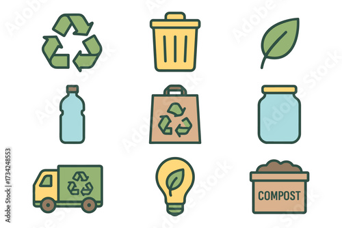 Eco-friendly icons of recycling, waste management, and sustainability in flat design