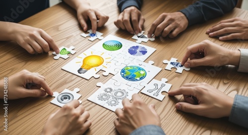 A collaborative effort to assemble a puzzle representing technology, innovation, and global connectivity. Teamwork and problem-solving suggest the pursuit of new ideas and solutions.