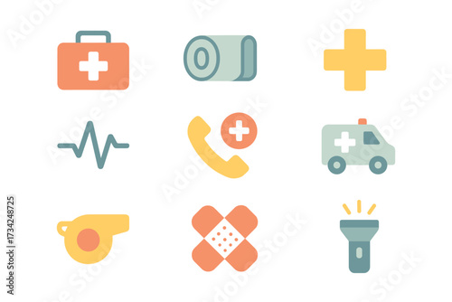 Essential health icons set featuring medical kit, ambulance, and first aid symbols