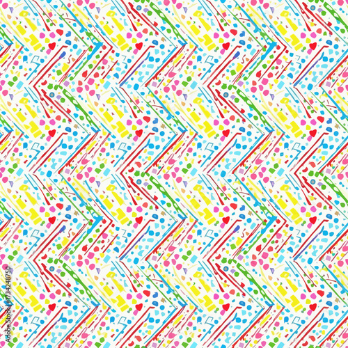 Vibrant abstract zigzag pattern with colorful confetti dots. EPS Editable