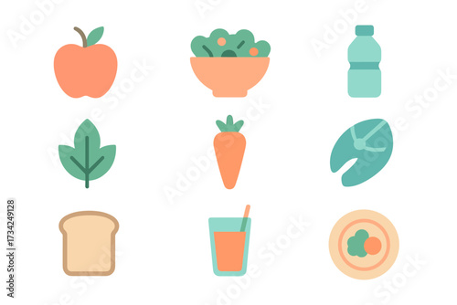 Flat style healthy food icons featuring fruits, vegetables, and drinks for nutrition and diet design