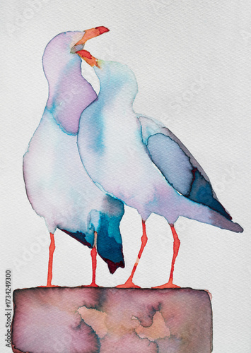 Wallpaper Mural Watercolor painting of two seagulls perched together in soft pastel colors on a textured background Torontodigital.ca