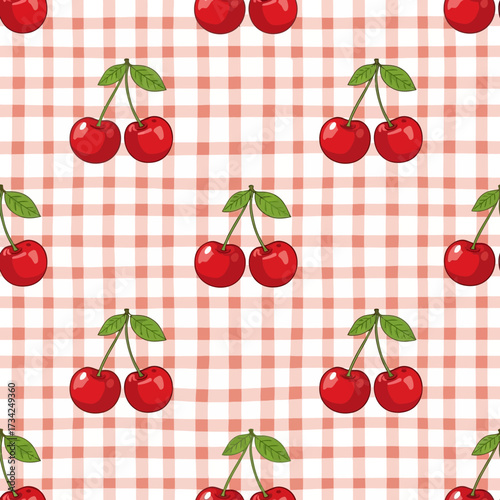 Vintage style seamless cherry fruit pattern on a red and white plaid background. EPS Editable