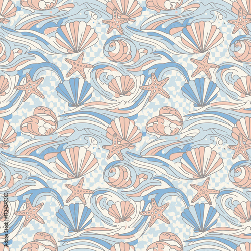 Vintage style nautical pattern with shells starfish and sea waves. EPS Editable