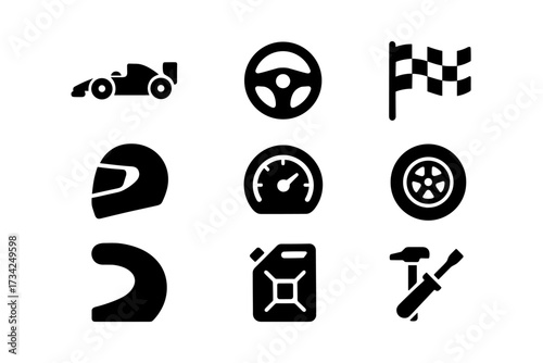 Racing icons set: helmet, speedometer, steering wheel, checkered flag, tire, fuel can