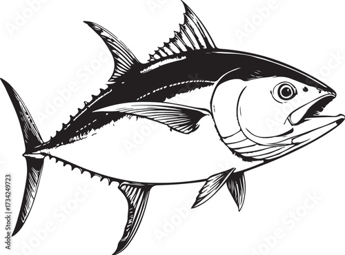 Tuna Fish Hand-drawn Sketch Drawing Vector Illustration, Line Linear Symbol Engraving Coloring Book, Black and White Isolated