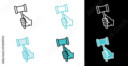 Hand holding judge gavel icon for law and justice decision in line and fill style