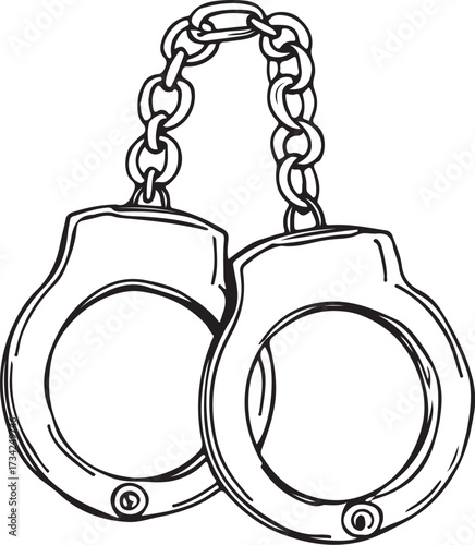 Handcuffs Arrest Prison Hand-drawn Sketch Drawing Vector Illustration, Line Linear Symbol Engraving Coloring Book, Black and White Isolated