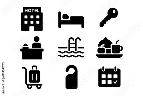 Essential hotel icons: accommodation, amenities, and services in bold silhouettes