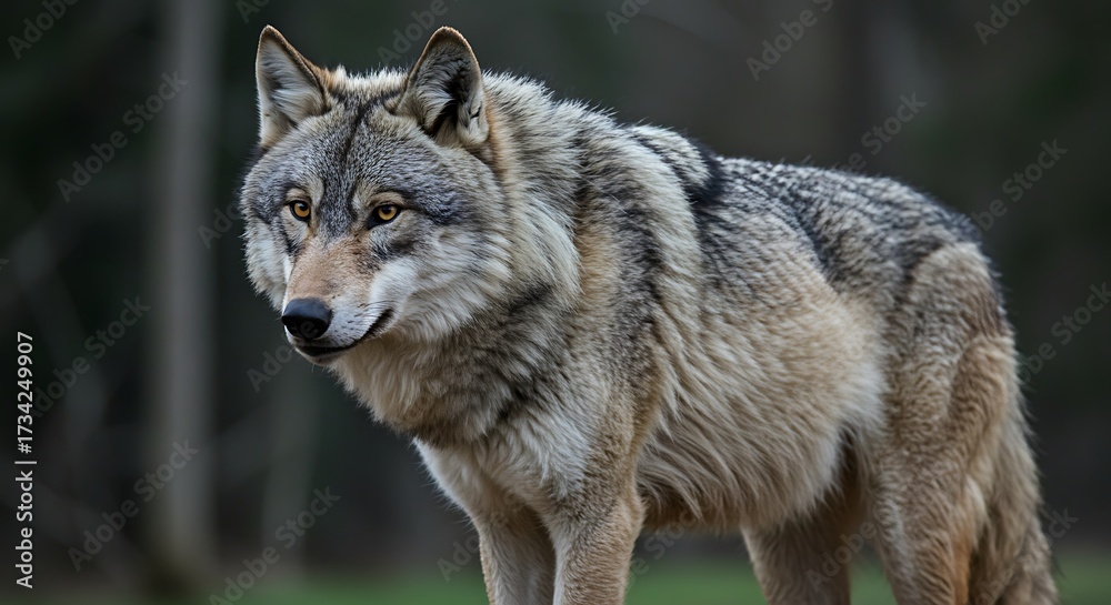 Fototapeta premium Majestic wolf standing outdoors in natural environment with blurred background