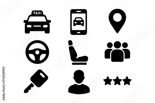 Taxi service icons: transportation, navigation, and ride-sharing symbols