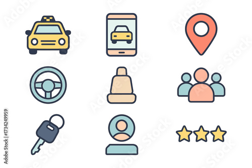 Flat design taxi service icons featuring car, mobile app, and navigation elements
