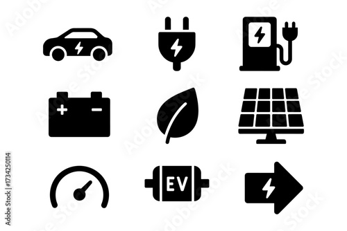 Electric vehicle icon set featuring charger, battery, and renewable energy symbols