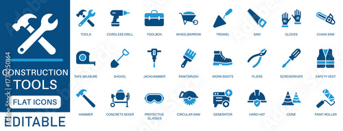 Construction tools icon set. featuring screwdriver, hammer, drill, concrete mixer, paintbrush, saw, shovel, pliers and more. perfect for flat vector icon collection.