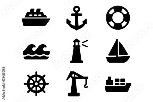 Silhouette icons of marine and nautical symbols for shipping design