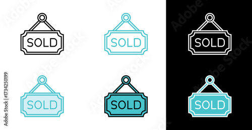 Hanging sold sign board icon for real estate and business closure in line and fill style