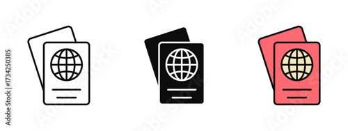 Passport icon designed in line art, fill, and colored outline styles with a clean white background. Represents international travel, identity, visas, and global tourism.