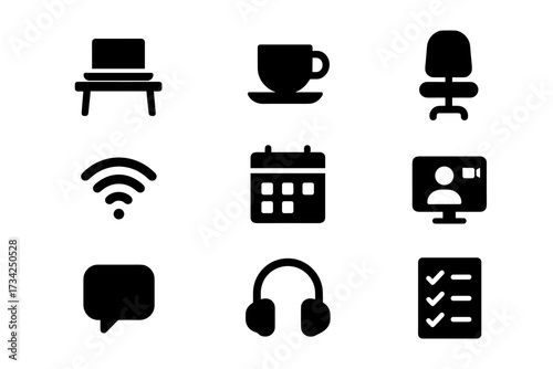 Minimalist office icons set: communication, technology, workspace essentials in black silhouette