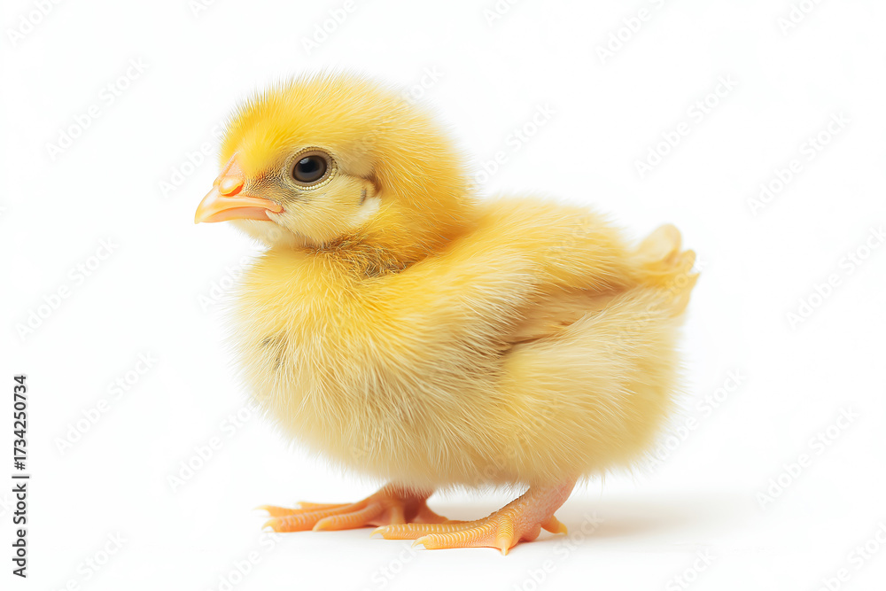 Obraz premium Little chicken, yellow chick newborn on white background