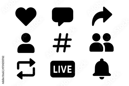 Set of silhouette social media icons: heart, chat, hashtag, live, notification
