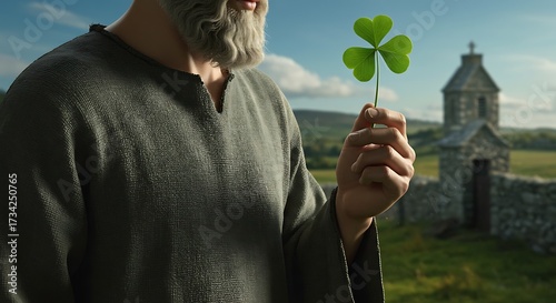 Man holding shamrock with old building background for good luck concept