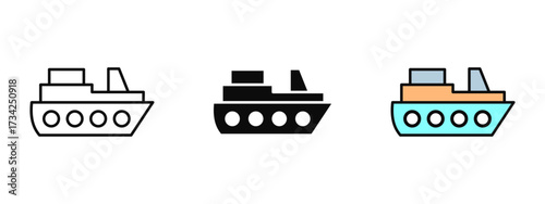 Ship icon designed in line art, fill, and colored outline styles with a clean white background. Represents sea travel, cargo shipping, marine transport, and cruises.
