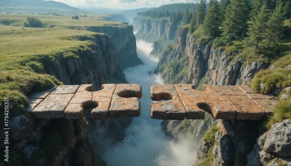 Naklejka premium Puzzle pieces bridging a canyon surrounded by lush green landscape 