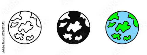 World icon designed in line art, fill, and colored outline styles with a white background. Represents global connection, international network, and worldwide communication.