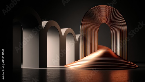 Modern architectural design featuring a copper-toned staircase with arches, a minimalist, dark aesthetic.