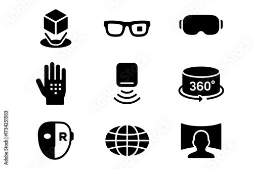 Virtual reality and technology icons set: minimalist silhouette designs for digital interfaces