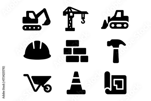 Construction equipment and tools silhouette set for building projects