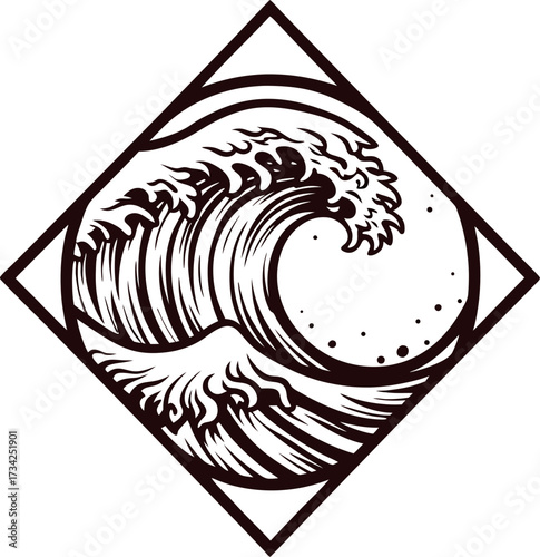 Bold stylized ocean wave illustration in circular frame with diamond outline, monochrome line art water splash emblem
