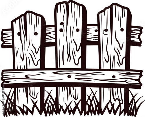 Rustic wooden fence with grass base isolated on white background, hand drawn engraved illustration