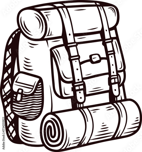 Vintage engraved illustration of a travel backpack with rolled sleeping mat and pockets isolated on white background