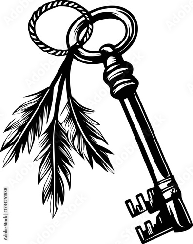 Vintage hand drawn  key with feather charms in black and white line art illustration